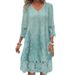 Women's Lace Trim Dress - Spring/Summer Solid Color A-Line V-Neck Flutter Sleeve Dress (Green, Blue, Camel)_ecoleips.com