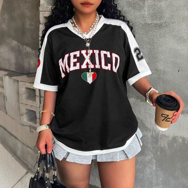 Summer Women's Y2K Slim Fit Top Short Sleeve V Neck Letter Print Loose Straight Cut Street Style_ecoleips.com