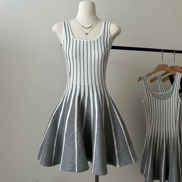 Women's Clothing Elegant Dress Square Neck Sleeveless Jacquard Short Skirt Contrast Striped Waist Knitted Dress_ecoleips.com