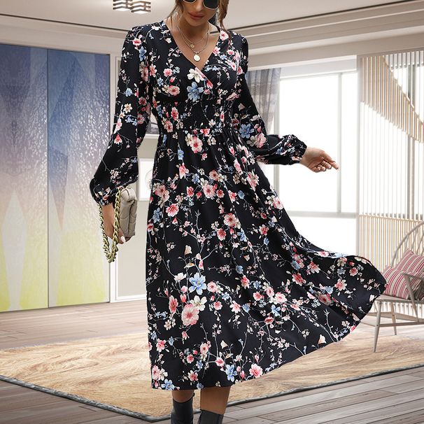 Women's Casual Long‑Length Dress Elegant V‑Neck With Romantic Floral Print For Daily And Holiday Wear_ecoleips.com