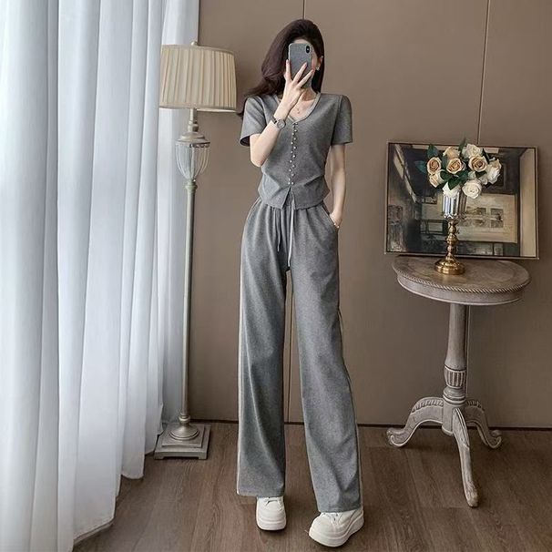 Women's Trendy Two Piece Set Minimalist Casual Sportswear Cross Border Slimming Wide Leg Pants Short Sleeved Top_ecoleips.com