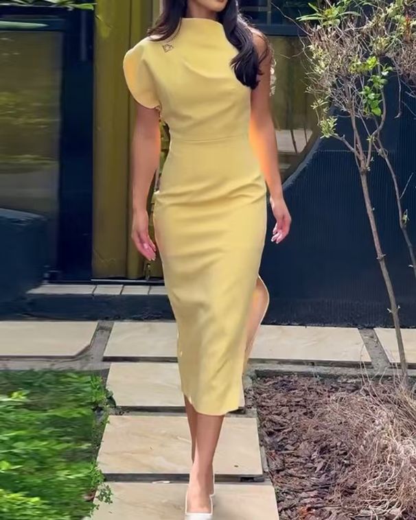 Women's Clothing Summer New Solid Color One Shoulder Sleeveless Slim Slit Dress_ecoleips.com