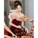 Off-the-shoulder Red Evening For Brides, Elegant French-style Engagement Dress, Wedding Velvet Mini Dress_ecoleips.com