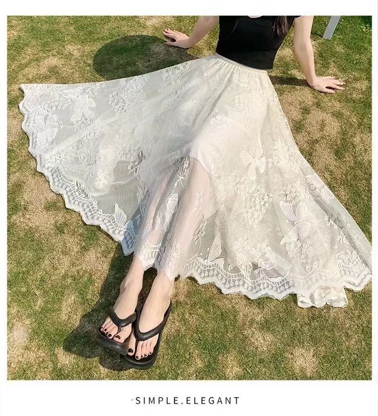 High Waist Lace Mesh Midi Skirt Women's Casual Mid Length Slimming Fairy Like Spring Summer Style Versatile_ecoleips.com
