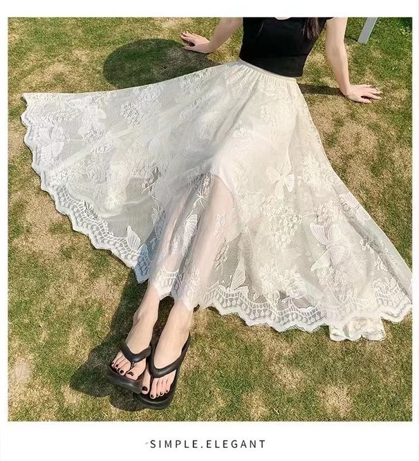 High Waist Lace Mesh Midi Skirt Women's Casual Mid Length Slimming Fairy Like Spring Summer Style Versatile_ecoleips.com