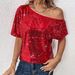 plus Size Women's Sequined Top Loose Off Shoulder Double Layer Casual Solid Color T-Shirt Women's Clothing_ecoleips.com