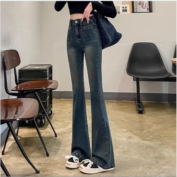 Women's Clothing High Waist Flared Jeans - Cement Gray Stretch Denim With Fleece Lining (Winter Warm, S-2XL)_ecoleips.com