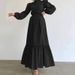 European And American New Elegant Waisted Robe Solid Color Long Skirt Female Stand Up Collar Button Fashion Splicing Dress_ecoleips.com