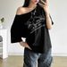 Summer New Women's Clothing American Street Fashion Letter Printed Slanted Shoulder Short Sleeve Loose T-Shirt Top_ecoleips.com