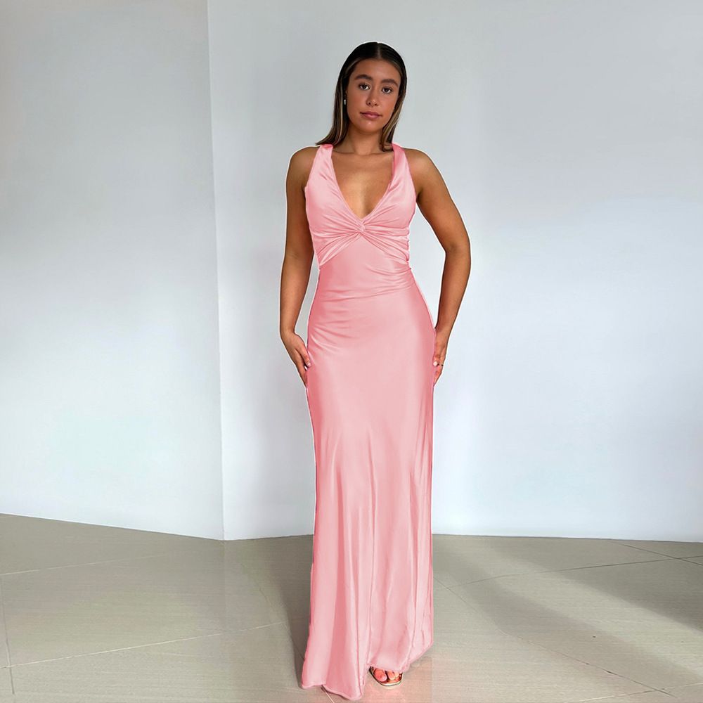 Elegant V-Neck Satin Dress for Women Tie Back Backless Long High-End European And American Style Cross Border Fashion 2025 New Arrival_ecoleips.com