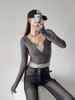 2025 Spring New Hoodie Two Piece Color Blocked Long Sleeve V-neck Slim Short Women's T-shirt Top_ecoleips.com