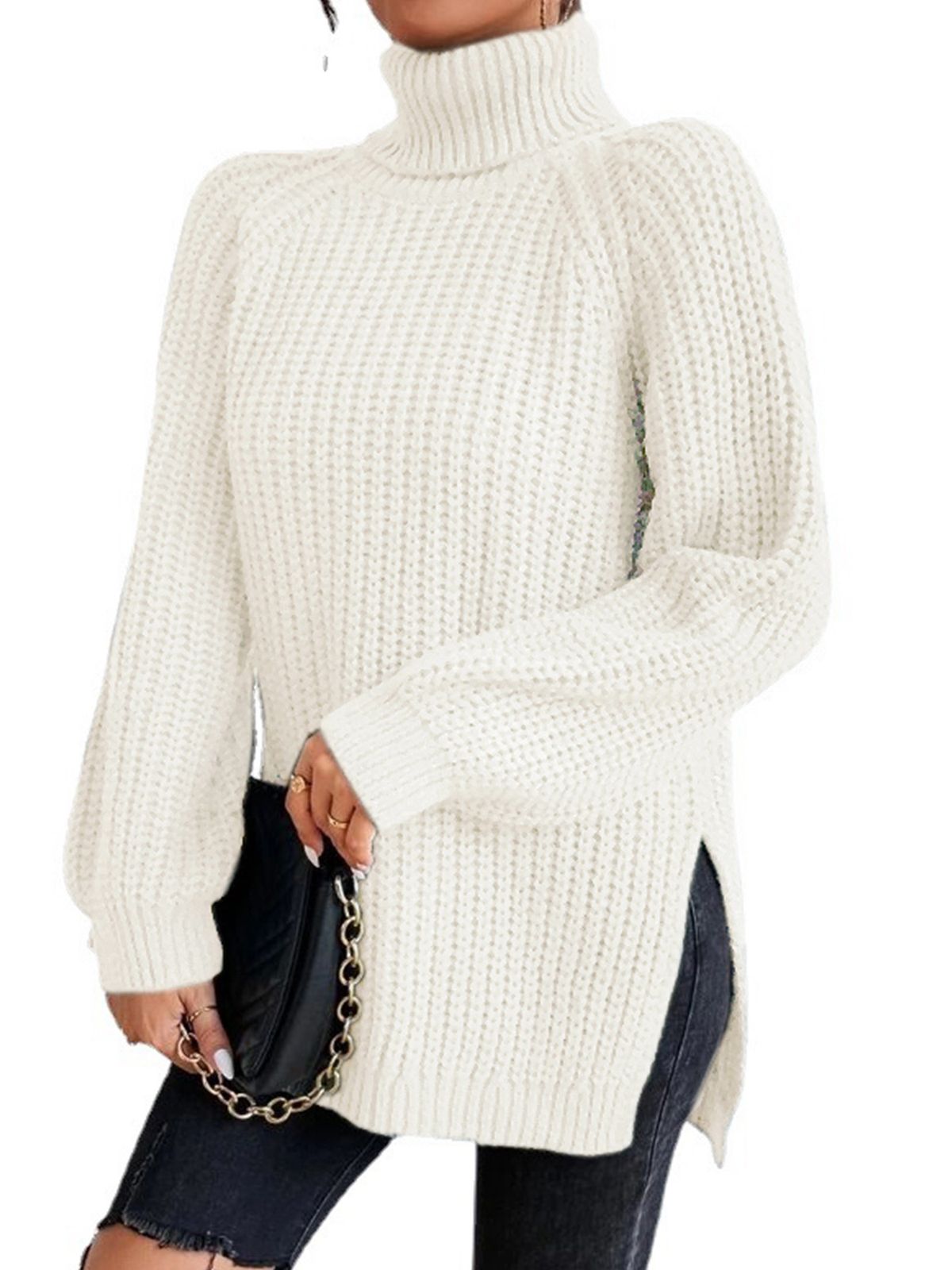 Chunky Knit Sweater Women High Neck Long Sleeve Split Hem Pullover Winter Casual Comfortable Tops_ecoleips.com