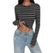 Women's Slim Fit Cropped T-Shirt Round Neck Long Sleeve Striped Print Comfortable Versatile European American Style Top For Summer_ecoleips.com