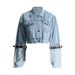 Women's Casual Fashion Short Denim Jacket Color Block Belted Baseball Jacket Indigo Blue Solid_ecoleips.com