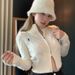 Chic Cable-Knit Polo Collar Cardigan – Winter-White Cropped Sweater With Dual Zipper & Princess Sleeves, Cozy Chenille Knit For Layering_ecoleips.com