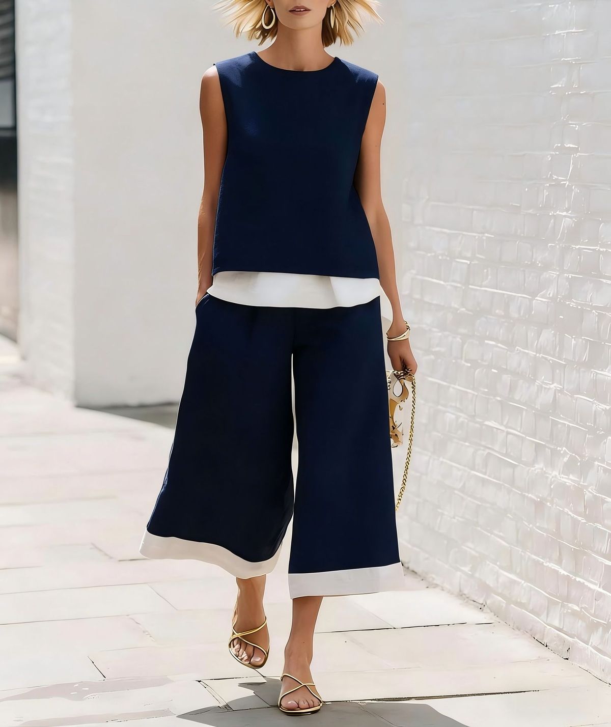 Women's Summer Casual Fashion Color Block Wide Leg Pants Set Sleeveless Two Piece Trendy European American Style 2026_ecoleips.com