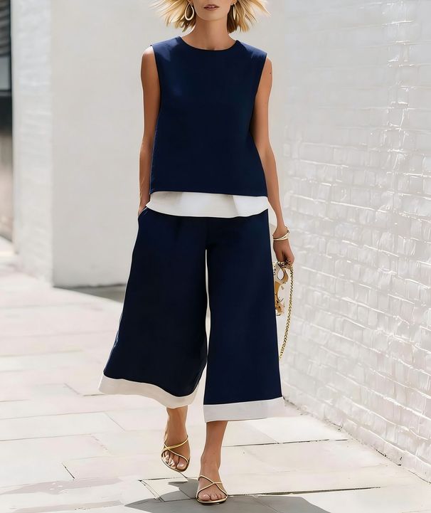 Women's Summer Casual Fashion Color Block Wide Leg Pants Set Sleeveless Two Piece Trendy European American Style 2026_ecoleips.com