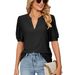 2025 Summer Casual V-neck Solid Color Hollow Bubble Sleeve Loose T-shirt Top For Women_ecoleips.com