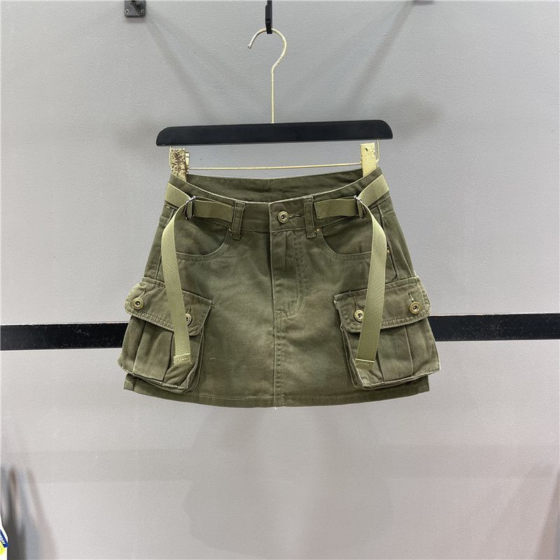 Verve Army Green Workwear Style Spicy Girl Denim Short For Women 2025 Summer New Anti-Exposure High Waist A-Line Bodycon Skirt_ecoleips.com