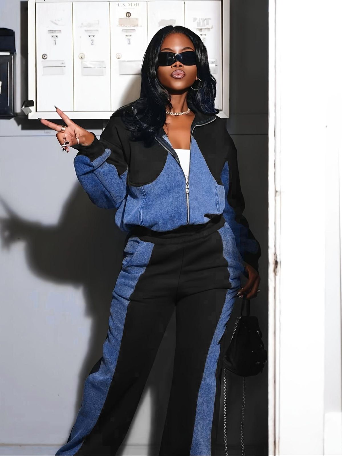 Women's Clothing Denim Patchwork Suit Jacket Trousers Two Piece Suit_ecoleips.com