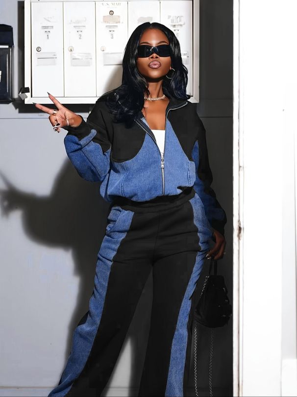 Women's Clothing Denim Patchwork Suit Jacket Trousers Two Piece Suit_ecoleips.com