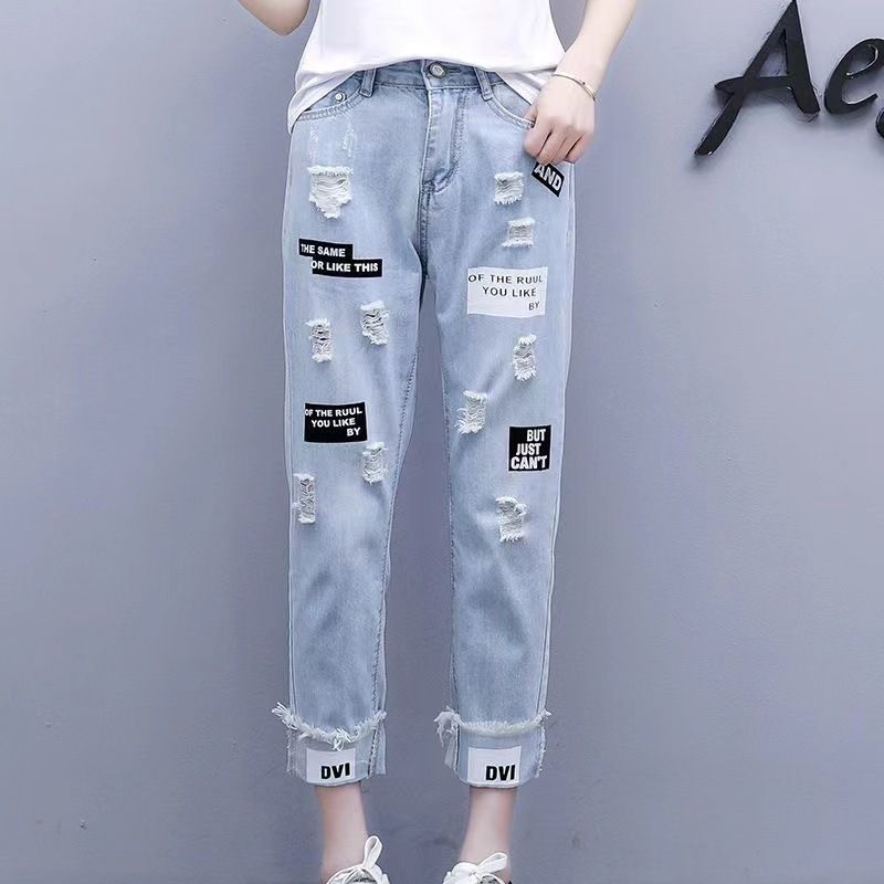 Distressed Dad Jeans For Women – High Waisted Loose Fit Denim Pants With Rhinestone Embellishments (90s Vintage Style, Cropped Length)_ecoleips.com