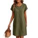 Women's Loose round Neck Button Cotton Linen Short Sleeve Straight Dress Casual Summer Fashion_ecoleips.com