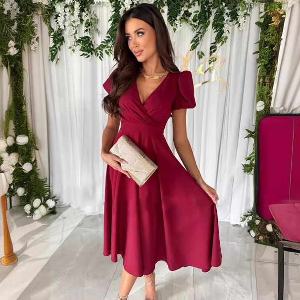 Women's Clothing Sexy V Neck Solid Color Short Sleeved Mid Length Dress_ecoleips.com