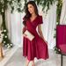 Women's Clothing Sexy V Neck Solid Color Short Sleeved Mid Length Dress_ecoleips.com