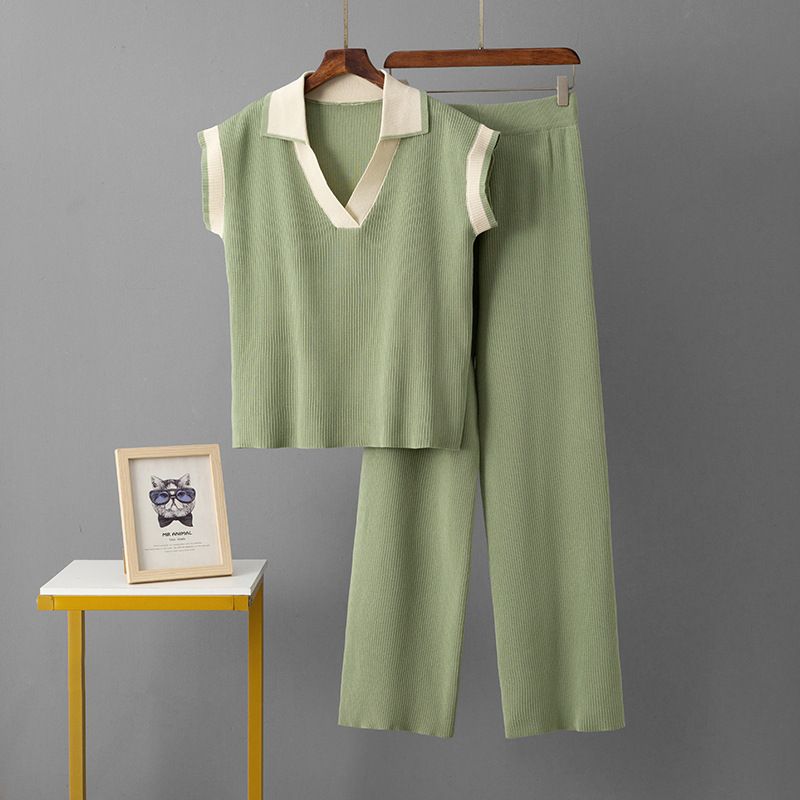 Women's Summer Two Piece Set Cross Border Style Simple Solid Color Loose Sleeveless Knit Top with Sporty Slim Fit Wide Leg Pants_ecoleips.com