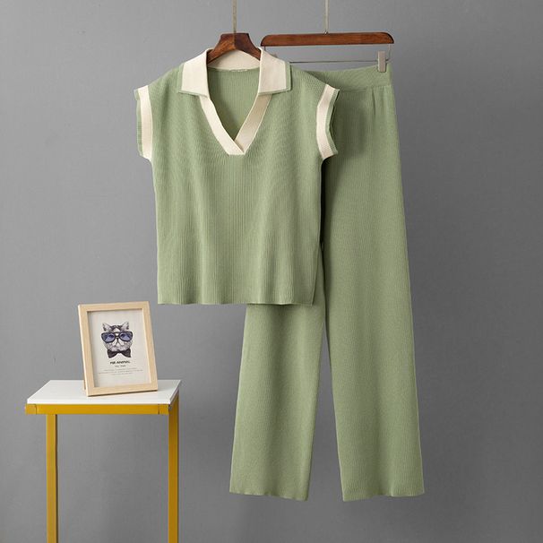 Women's Summer Two Piece Set Cross Border Style Simple Solid Color Loose Sleeveless Knit Top with Sporty Slim Fit Wide Leg Pants_ecoleips.com