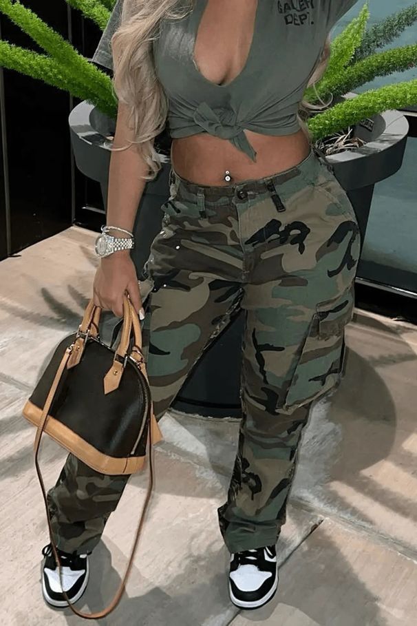 Women's Clothing High Waist Straight Multi Color Camouflage Overalls_ecoleips.com