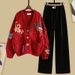 Women’s Clothing Fashion Suit Autumn New Korean Loose V Neck Knitted Sweater Top With Loose Drape Sports Straight Pants_ecoleips.com