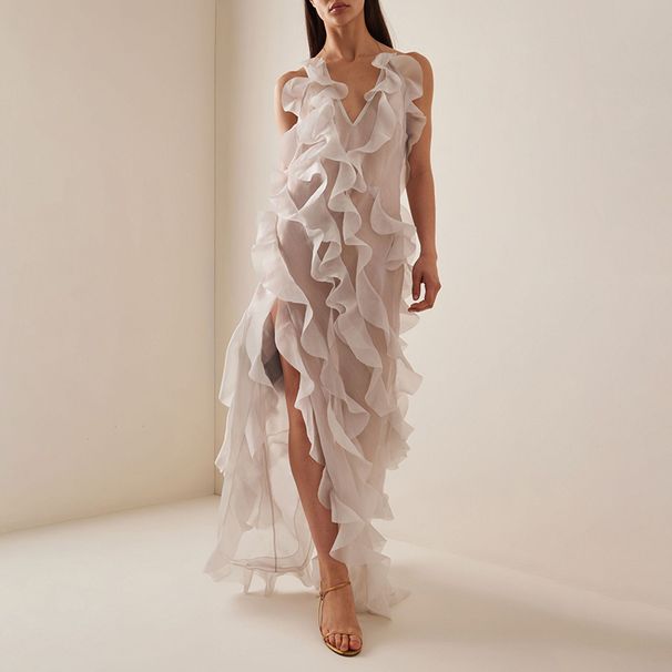 Talenza Ruffled Slit Dress Women's Sexy V Neck See Through Backless Halter Sling Long Dress Female Party Elegant Chiffon Dresses_ecoleips.com