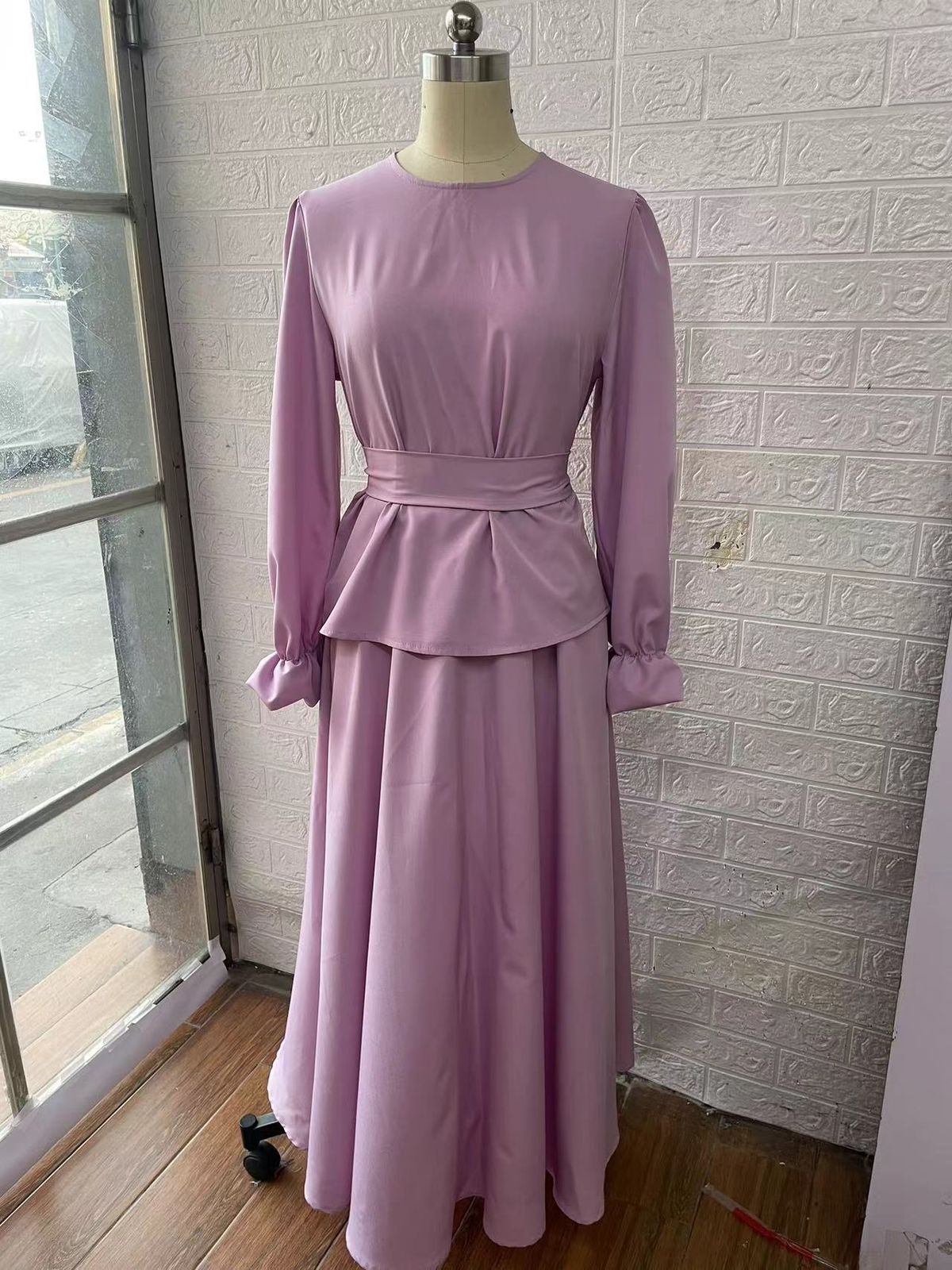 Women's Fashion High Waist Slim Long Skirt With Round Neck Lantern Sleeve Top Set European American Style Lotus Leaf Hem_ecoleips.com