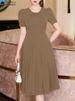ZANZEA Short Sleeve Korean Fashion Party Dress Elegant Solid Waist-Cinched Pleated A-line Robes Women O Neck Knee-length Dress_ecoleips.com