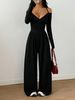 Women's V Halter Neck Jumpsuit European American Style Short Sleeved Tie Waist Cinching Wide Leg Casual Long Pants_ecoleips.com