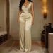 Champagne Gold Satin Jumpsuit For Women, Elegant Draped Neck Wide-Leg Romper, Luxe Evening Wear And Party Outfit_ecoleips.com