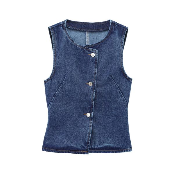 Women's Clothing Solid Color Round Neck Sleeveless Denim Vest Waistcoat Belt Straight Slim Jeans_ecoleips.com