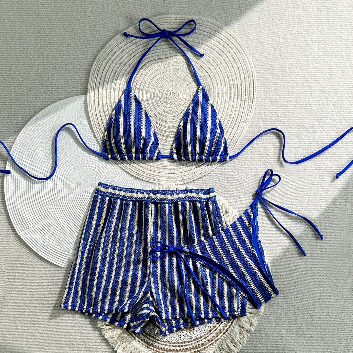 Women's Sexy Bikini Set With Tie-Front Cover-Up – Striped 3-Piece Swimsuit For Beach & Pool – Quick-Dry & Adjustable_ecoleips.com