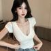 2026 Summer New Hot Girl Lace Short-Sleeve Top With Delicate Design, Pure And Alluring Slim Fit V-Neck Short T-Shirt For_ecoleips.com