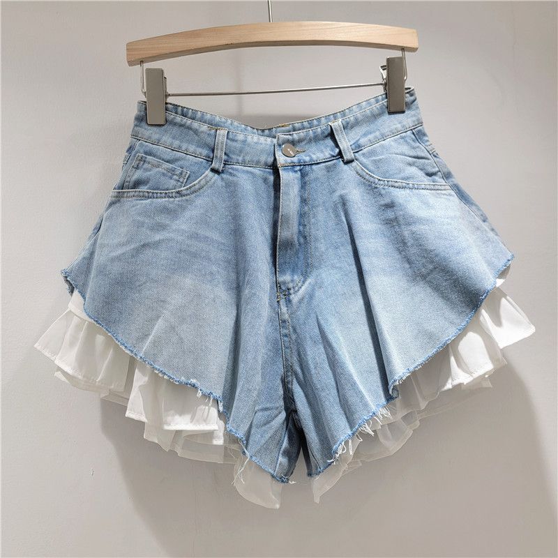 Niche Fashionable High-waisted Wide-leg Pants Trendy American Ins High Street Fake Two-piece Design Denim Shorts For Women_ecoleips.com