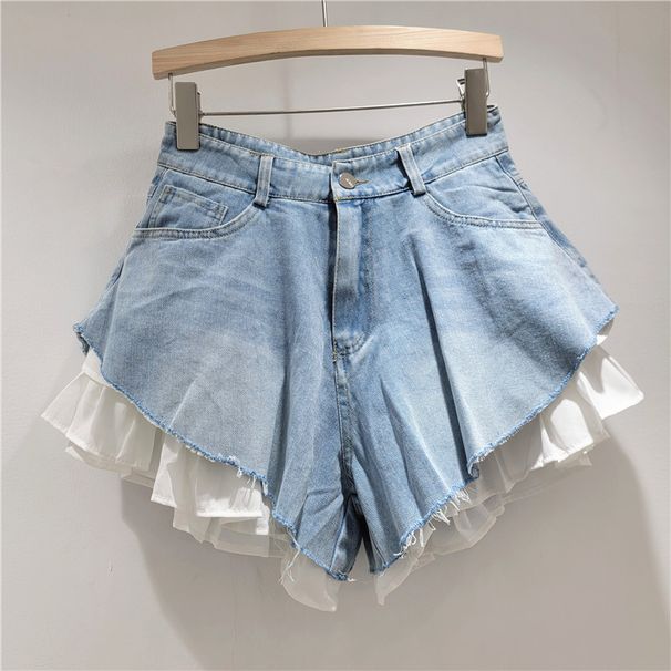 Niche Fashionable High-waisted Wide-leg Pants Trendy American Ins High Street Fake Two-piece Design Denim Shorts For Women_ecoleips.com
