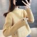 Women's Semi-Turtle Neck Sheep Velvet Sweater Embroidered Loose Knit Top For Autumn Winter Korean Style Casual Chic_ecoleips.com
