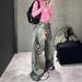 Printed Wide-Leg Jeans For Women - Vintage Washed Denim Pants With Streetwear Graphics (Blue)_ecoleips.com