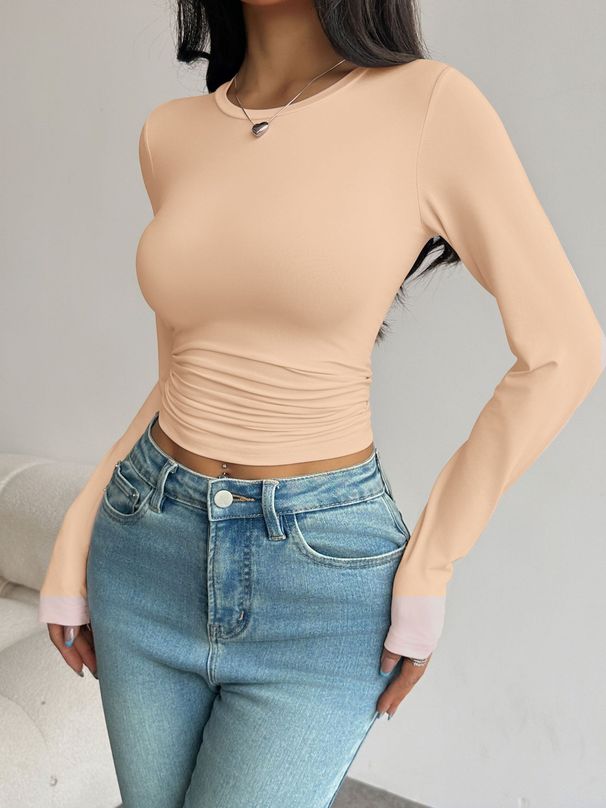Women's Casual Long Sleeve T-Shirt Solid Color Slim Fit Pullover Versatile Base Layer Top_ecoleips.com