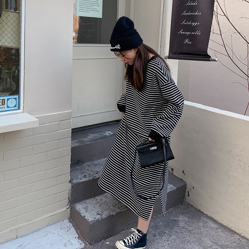 Autumn And Winter Korean Version Hem Slit Striped Long-Sleeved Dress, Hong Kong Style, Loose And Slimming Over The Knee_ecoleips.com