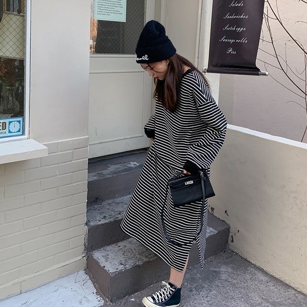 Autumn And Winter Korean Version Hem Slit Striped Long-Sleeved Dress, Hong Kong Style, Loose And Slimming Over The Knee_ecoleips.com