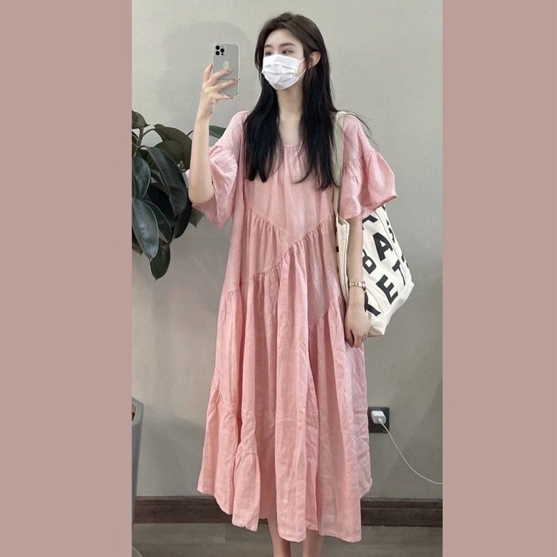 Summer New Korean Fashion Short Sleeve Cotton Linen Loose Maternity Dress_ecoleips.com