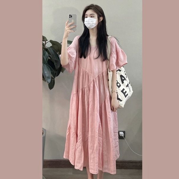 Summer New Korean Fashion Short Sleeve Cotton Linen Loose Maternity Dress_ecoleips.com